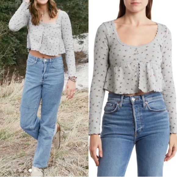 Kirious Los Angeles Floral Babydoll  Waffle Knit Long Sleeves Crop Top Size S - Picture 2 of 11